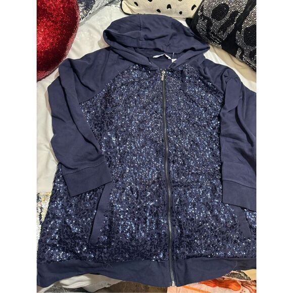 Isaac Mizrahi Sweaters - Isaac mizhari live blue sequin  logo  full Zip-up Hoodie plus 1xl